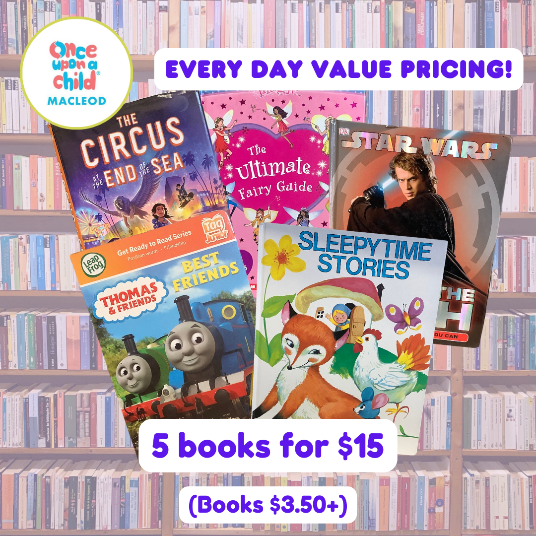 5 assorted children's books are laid on a purple background.